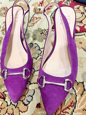 INC International Concepts Purple Suede Pointed Slingback Flats with Silver Bit